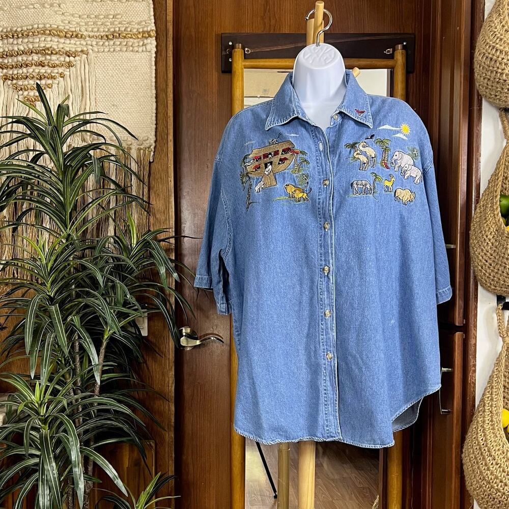 Vintage Animal Embroidered Denim Shirt 22 | 2X–3X Noah’s Ark Short Sleeve Cotton